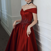 Burgundy satin beads long prom dress evening dress - Thumbnail 1