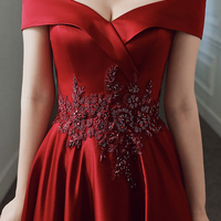 Burgundy satin beads long prom dress evening dress - Thumbnail 3