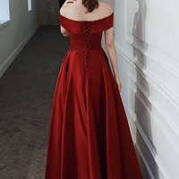 Burgundy satin beads long prom dress evening dress - Thumbnail 4
