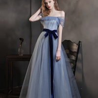 Blue tulle long A line prom dress blue evening dress - Thumbnail 6