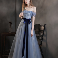 Blue tulle long A line prom dress blue evening dress - Thumbnail 1