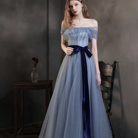 Blue tulle long A line prom dress blue evening dress - Thumbnail 3