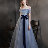 Blue tulle long A line prom dress blue evening dress - Thumbnail 4