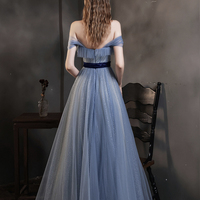 Blue tulle long A line prom dress blue evening dress - Thumbnail 5