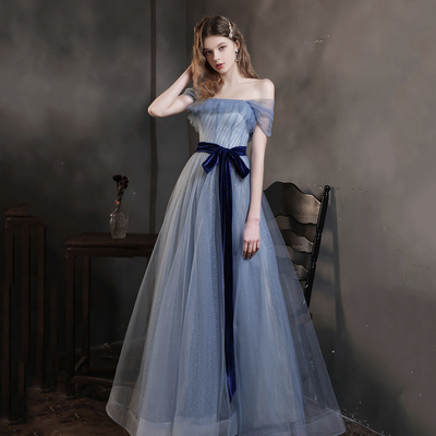 Blue tulle long a line prom dress blue evening dress - Thumbnail 3