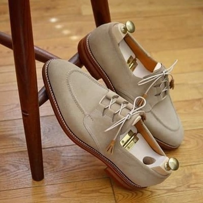 Handmade men's outclass color combination white suede leather split toe lace up shoes