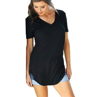 Women's V-Neck Short Sleeve Loose Large Size Solid Color T-Shirt Top - Thumbnail 1