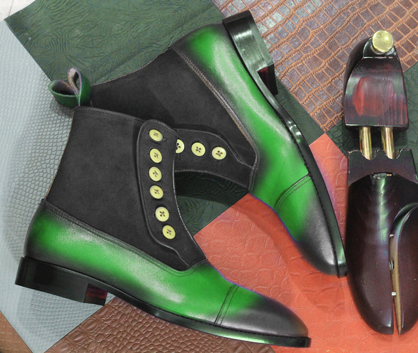 Men Handmade Button Top Leather Boots, Dress Formal Boots , Green Two Tone Boots