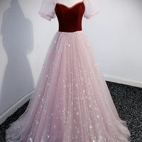 Cute pink tulle long prom dress A line evening dress - Thumbnail 1