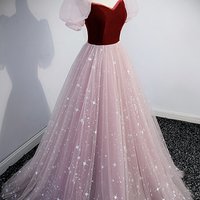 Cute pink tulle long prom dress A line evening dress - Thumbnail 4