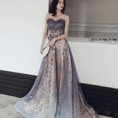 Purple tulle sequins long prom dress a line evening dress - Thumbnail 1