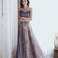 Purple tulle sequins long prom dress A line evening dress - Thumbnail 1
