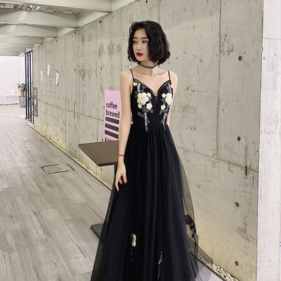 Black v neck tulle tea length prom dress evening dress - Thumbnail 2