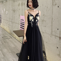 Black v neck tulle tea length prom dress evening dress - Thumbnail 2
