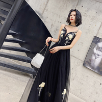 Black v neck tulle tea length prom dress evening dress - Thumbnail 1