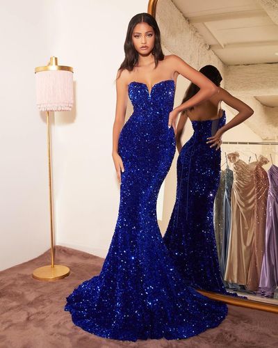 Sparkly Mermaid Sweetheart Royal Blue Velvet Sequins Prom Dresses