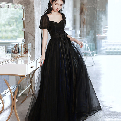 Black tulle long prom dress a line evening dress - Thumbnail 1