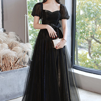 Black tulle long prom dress A line evening dress - Thumbnail 1