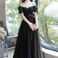 Black tulle long prom dress A line evening dress - Thumbnail 2