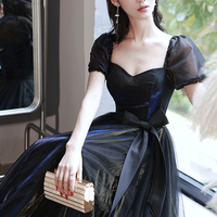 Black tulle long prom dress A line evening dress - Thumbnail 4