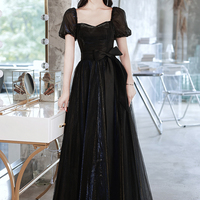 Black tulle long prom dress A line evening dress - Thumbnail 5