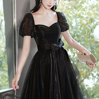 Black tulle long prom dress A line evening dress - Thumbnail 6