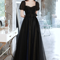 Black tulle long prom dress A line evening dress - Thumbnail 8
