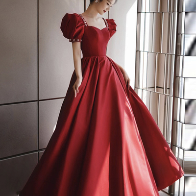 Burgundy satin long prom dress a line evening dress - Thumbnail 3