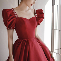 Burgundy satin long prom dress A line evening dress - Thumbnail 1