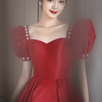 Burgundy satin long prom dress A line evening dress - Thumbnail 2