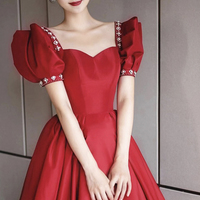 Burgundy satin long prom dress A line evening dress - Thumbnail 3