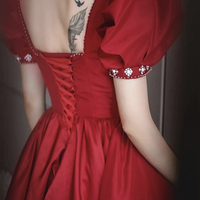 Burgundy satin long prom dress A line evening dress - Thumbnail 4