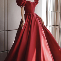 Burgundy satin long prom dress A line evening dress - Thumbnail 5