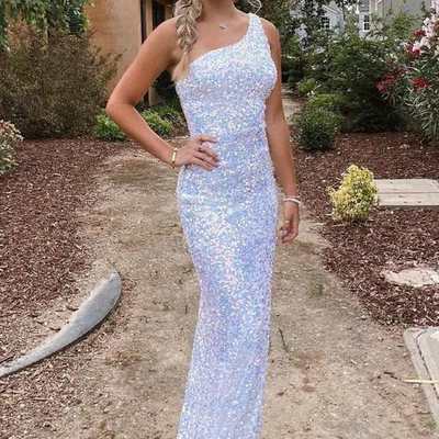Mermaid one shoulder white sequins long prom evening dresses with side slit,810 - Thumbnail 3