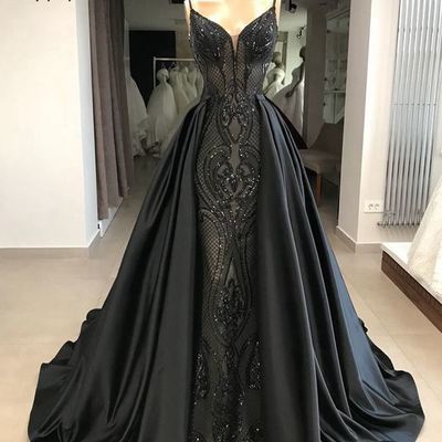 Exclusive black spaghetti straps satin lace long dress,820 - Thumbnail 2