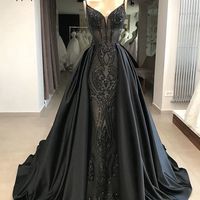 Exclusive black spaghetti straps satin lace long dress,820 - Thumbnail 2