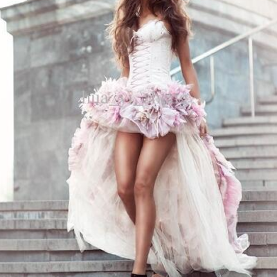 Beach wedding dresses short front and long back a line with 3d handmade flowers all around tulle hi-lo colorful bridal gowns,1356 - Thumbnail 1