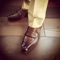 New Edition 2022 Handmade Chocolate Brown Fringe Single Monk Strap Shoes, Genuine Leather Wedding Shoes - Thumbnail 1
