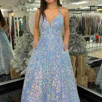 Glitter sequins white long prom dress with pockets,824 - Thumbnail 3