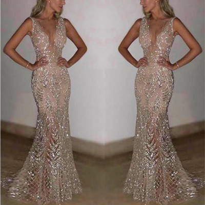 Women sexy sleeveless deep v sequined sparkle shinning evening dress, champagne mermaid prom dresses,825 - Thumbnail 2