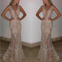 Women Sexy Sleeveless Deep V Sequined Sparkle Shinning Evening Dress, Champagne Mermaid Prom Dresses,825 - Thumbnail 2