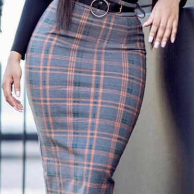 Retro elegant high waist bag hip plaid stretch skirt