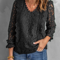 Solid Color Lace V-Neck Loose Casual Long Sleeve T-Shirt - Thumbnail 1