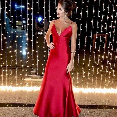 Red prom dresses spaghetti straps silk satin