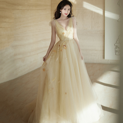 Champagne tulle long prom dress a line evening dress