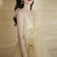 Champagne tulle long prom dress A line evening dress - Thumbnail 1