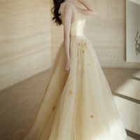 Champagne tulle long prom dress A line evening dress - Thumbnail 2