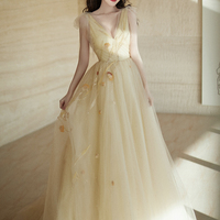 Champagne tulle long prom dress A line evening dress - Thumbnail 3