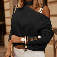 Slanted Shoulder Chain Decorated Long Sleeve Tops - Thumbnail 1