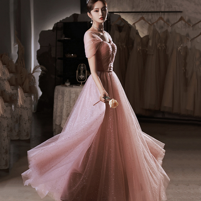 Pink tulle sequins long prom dress pink evening dress - Thumbnail 3